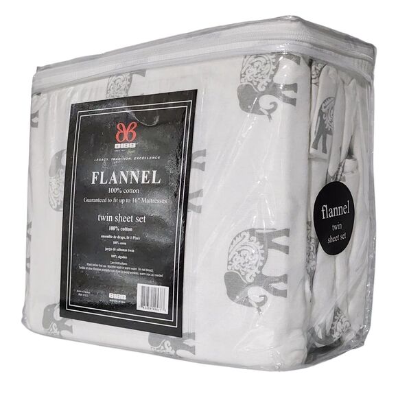 BIBB Home Twin Size Ivory Cotton Flannel Sheet Set of 3pc With Gray Elephants - Picture 3 of 16